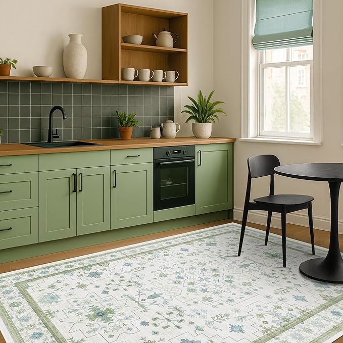 Hazo Haus Cream Oushak 6x8 Bedroom Rug - Boho Floral Cool Blue and Green, Washable Low Pile Non-Slip Ultra-Thin Large Area Rugs for Bed Room, Living Room