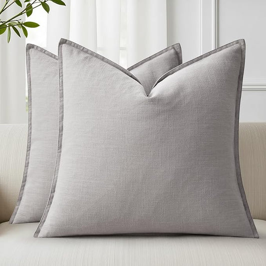 decorUhome Spring Decorative Linen Euro Sham Throw Pillow Covers 26x26 Inch Set of 2 Light Grey Pillow Covers with Flange Edges Soft Farmhouse Boho Accent Pillow Cases for Couch Bed Living Room