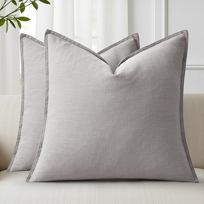 decorUhome Spring Decorative Linen Euro Sham Throw Pillow Covers 22x22 Inch Set of 2 Light Grey Pillow Covers with Flange Edges Soft Farmhouse Boho Accent Pillow Cases for Couch Bed Living Room