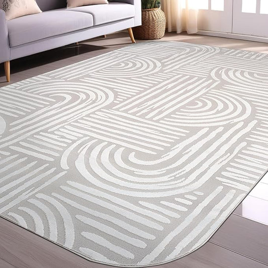 Beverly Rug Modern Geometric Area Rug 4x6 Low-High Pile Durable Soft Abstract Curved Indoor Rugs for Living Dining Room Office Stain Resistant Non Shedding Casual Indoor Carpet Beige White 4 x 6