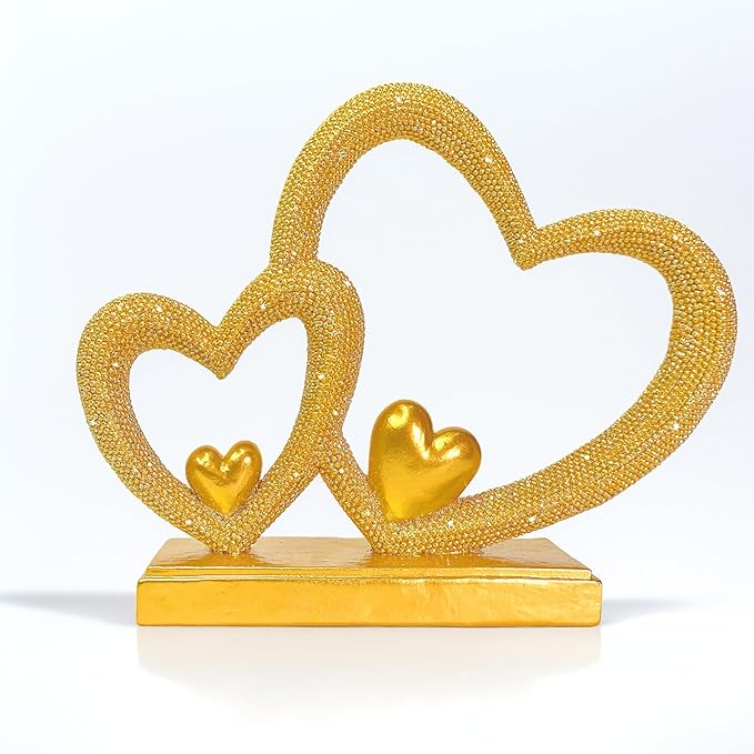 Double Heart Sculpture Valentine’s Day Statue, Faux Beaded Texture with Gold Accents, 7.9" Gold Romantic Decor for Shelf, Mantel, Bedroom, Wedding, for Her