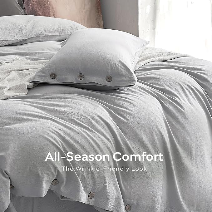 JELLYMONI 100% Washed Cotton Duvet Cover Twin – Soft, Breathable Linen-Look Bedding with Natural Wrinkle Texture, Button Closure, 2-Piece Set (Pale Grey, 68"x90")