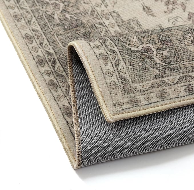 PureCozy 5x7 Washable Area Rug Beige Grey Vintage Distressed Rug for Office Oriental Soft Thin Indoor Retro Gray Carpet Non Slip Low Pile Floor Cover for Living Ding Room Bedroom Laundry Dorm