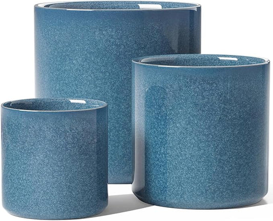 LE TAUCI Ceramic Pots for Plants, 10/8/6 Inch Indoor Planters with Draiange Hole, Silicone Plug & Mesh Pad, Modern Minimalist Pots for Home Office, Set of 3, Glossy, Harbor Blue