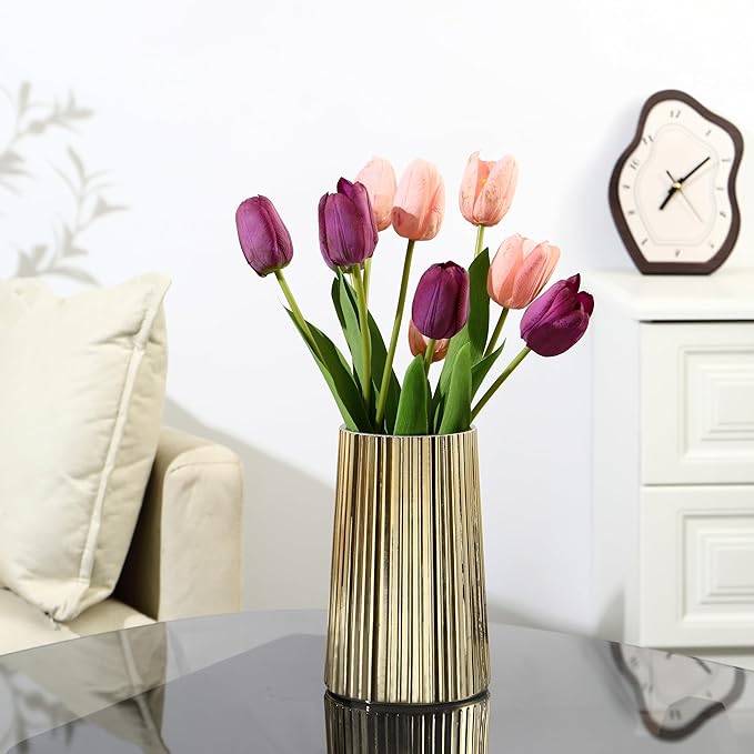 Gold Glass Vase for Flower, Flower Vase for Bouquet, Modern Glass Vases, Ribbed Vases for Living Room, Bedroom, Dining Table, Office, Wedding, Centerpieces, 8 Inches