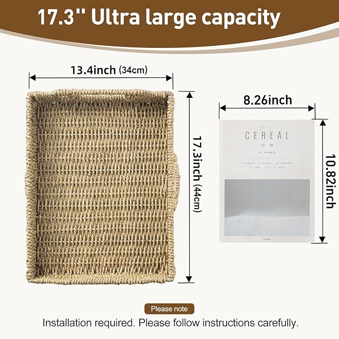 Wicker Scalloped Serving Tray with Handles - Seagrass Handwoven Trays,Water Hyacinth Tray for Home Decor and Living Room, Dining Table, Bathroom Organizing, 17.3" L x 13.4" W x 3.6" H