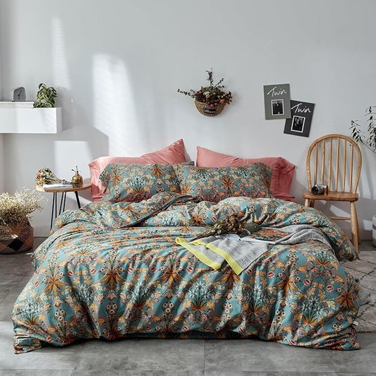 LifeTB Vintage Floral Bohemia Duvet Cover Twin XL Boho Floral Bedding Set Luxury Soft Long Staple Cotton Comforter Cover Vibrant Flower Pattern Duvet Cover with Zipper Closure Farmhouse Bedding Set