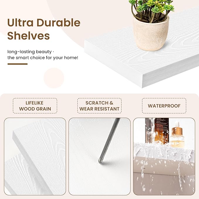 36in Floating Shelves for Wall, 36"W x 9.25"D x 1.25"H, 2 Pack Long Wall Mounted Engineered Wood Shelves with Invisible Brackets for Living Room, Bedroom, Bathroom, Kitchen Decor and Storage, White