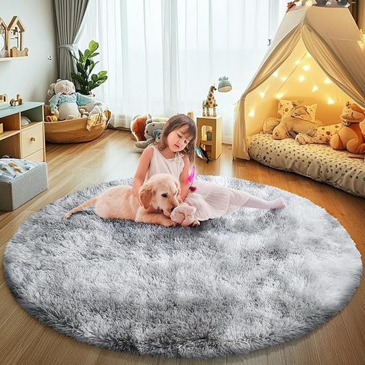 Tie-Dyed Fluffy Round Rug,Soft Area Rugs for Girls Room,Shaggy Rugs 4'X4' for Living Room,Non Slip Circle Rug for Kids Bedroom,Shag Plush Nursery Rug,Plush Carpet for Dorm,Furry Room Decor,Light Grey