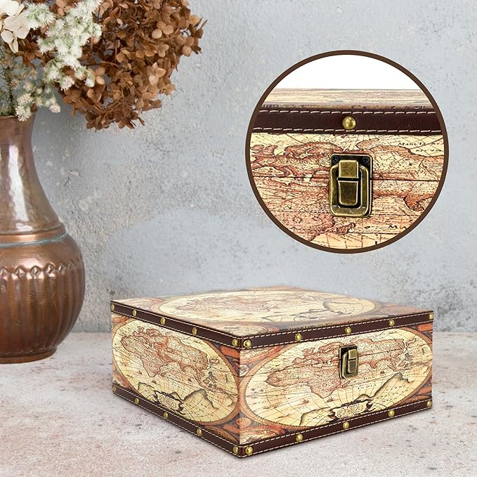 Jolitac Wooden Storage Box Set of 3, Antique-Looking Storage Containers with Secret Compartments Vintage Nesting Keepsake Chests for Jewelry, Cash, Photos Travel-Friendly & Stackable (Map)