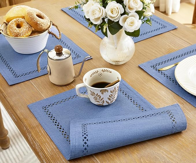 Burlap Placemats Set of 6, 12 x 18 Inch Rustic Geometric Hollow Place Mats, Heat Resistant Placemats for Farmhouse Kitchen Table Decor, Blue 6PCS