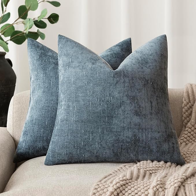 Foindtower Pack of 2 Soft Textured Chenille Throw Decorative Pillow Covers Square Accent Solid Cushion Cover Cozy Neutral Farmhouse Pillow Case for Couch Sofa Bedroom Living Room 16x16 Inch,Blue