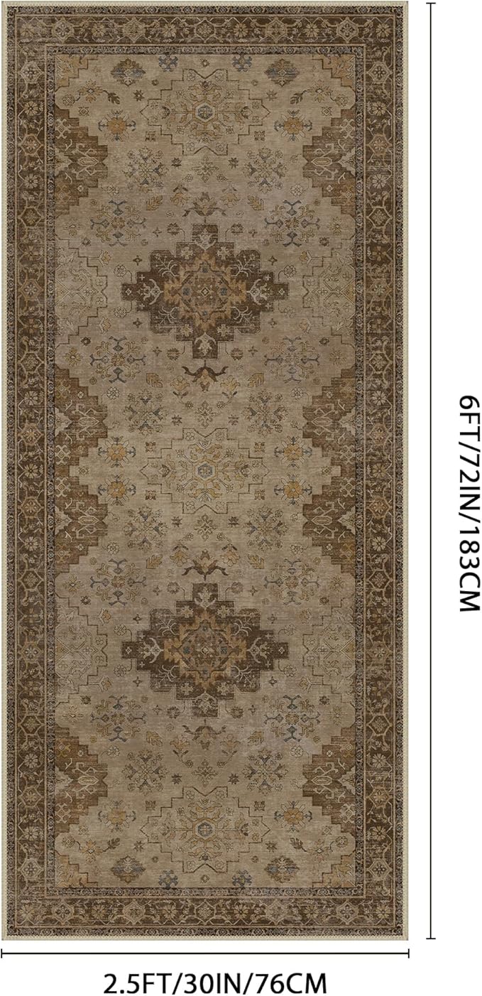 GENIMO 2'6''x6 Runner Rug,Machine Washable Non-Slip Vintage Rugs,Low Pile Lightweight Carpet for Bedroom,Hallway,Entryway,Kitchen,Bathroom,Brown