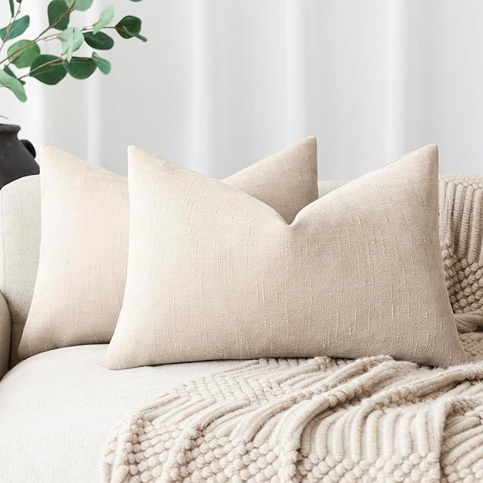 Foindtower Pack of 2 Soft Textured Throw Decorative Pillow Covers Lumbar Accent Solid Cushion Cover Cozy Neutral Farmhouse Pillow Case for Couch Sofa Bedroom Living Room 12x20 Inch, Light Beige