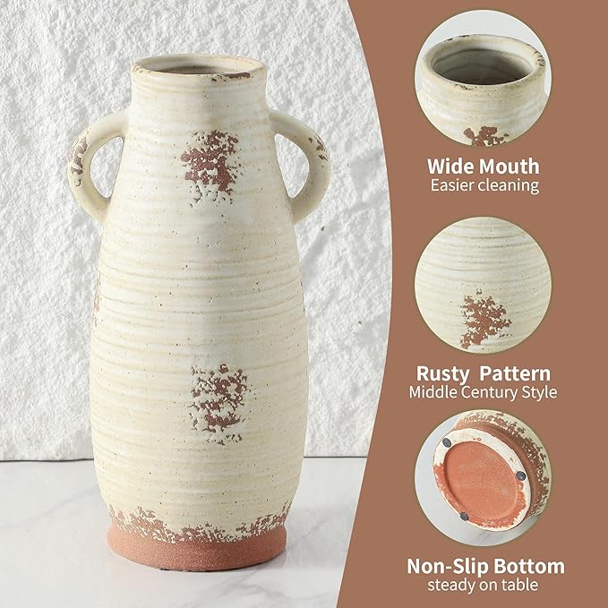 Ceramic Flower Vase with Handles, 12 inch Tall Vase for Centerpieces, Large Decorative Terracotta Vases, Farmhouse Rustic Vases for Home Decor, Living Room, Table, Neutral