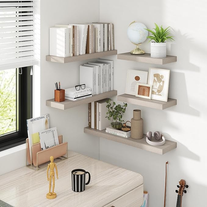 24 Inch Floating Shelves, 8 Inch Deep Floating Shelves for Wall, Hanging Shelf with Invisible Brackets, Deep Shelves for Bathroom, Bedroom, Living Room, Grey, Set of 2