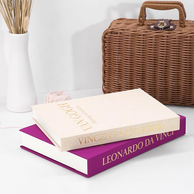 Premium Decorative Books - Set of 2 - Linen Storage Box for Coffee Table Faux Decor Boxes for Bookshelf Fake Books for Decoration for Living Room - Modern Home (Beige & Magenta)