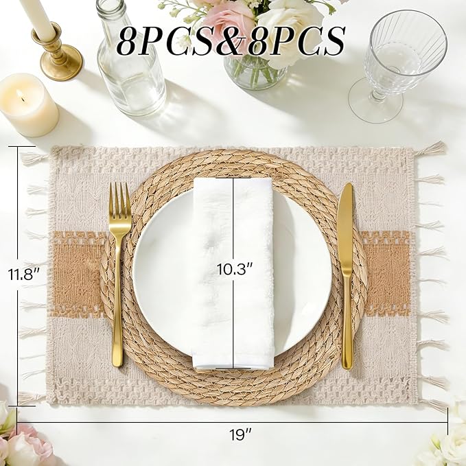 Boho Placemats Set of 16-8pcs 11.8 in Round Woven Rattan Place Mats & 8pcs 11.8” x 17” Cotton Braided Placemat for Dining Table Decor, Rustic Farmhouse Wicker Dinner Charger Plates Heat Resistant