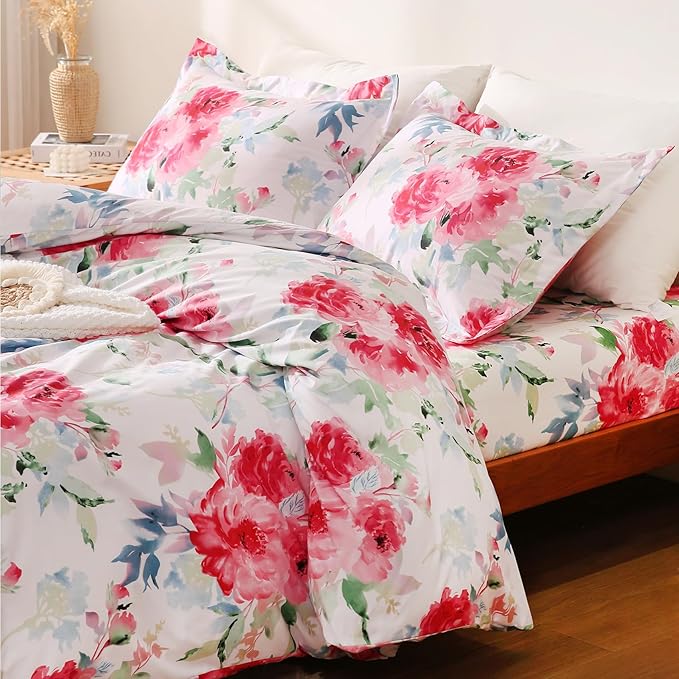 JSD Rose Floral Duvet Cover Set King Size, 3 Piece Soft Printed Microfiber Comforter Covers Zipper Closure