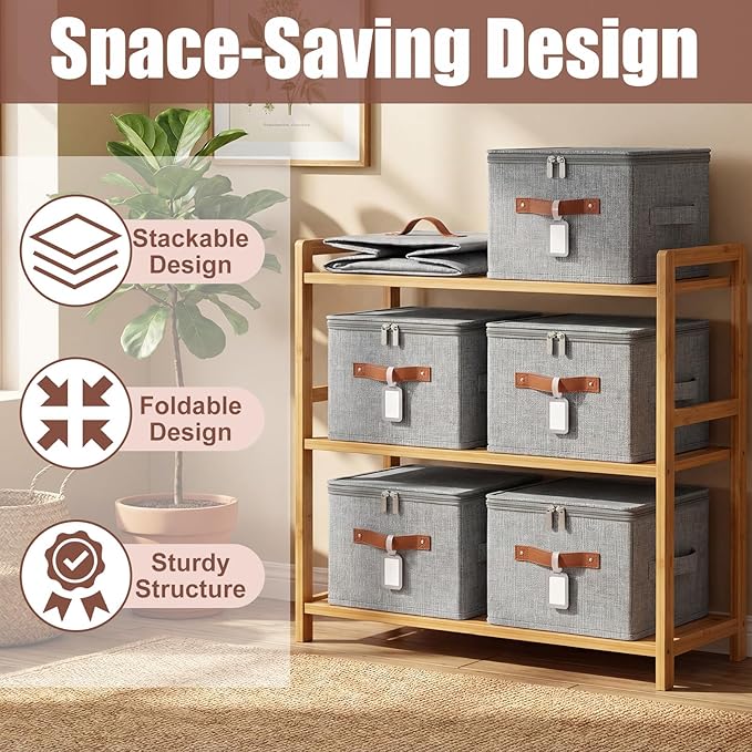 6 Pack Fabric Storage Bins with Lids and Label, 15x10x10Inch Large Size Foldable Cotton Linen Storage Boxes with PU Leather Handles Holders for Closet, Bedroom, Shelf, Nursery, Gray