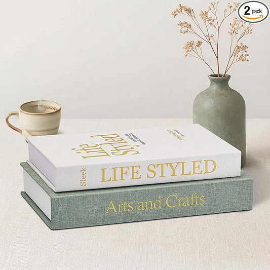 Decorative Book for Coffee Table: Linen Fabric with Gold Foil Faux Books - Set of 2 Boxes with Hidden Storage Solves Clutte - Neutral Modern Style