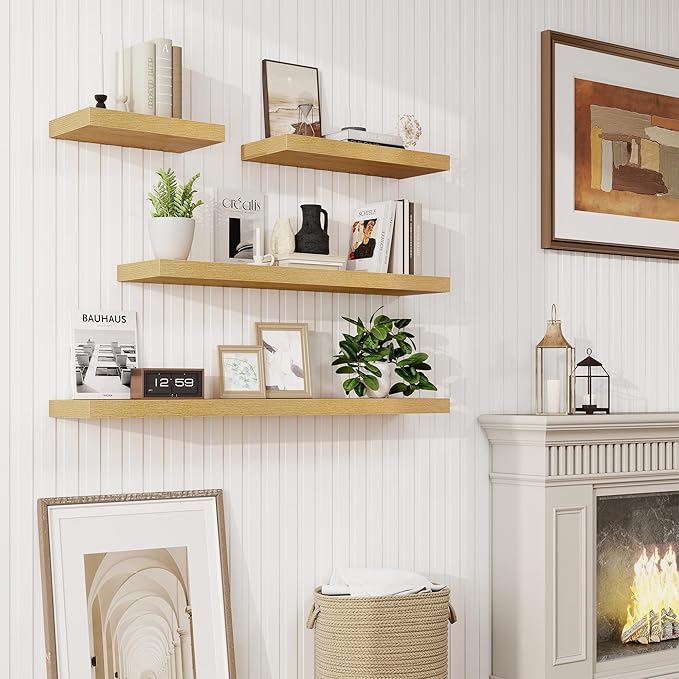 48in Floating Shelves for Wall, 48"W x 9.25"D x 1.25"H, 2 Pack Long Wall Mounted Engineered Wood Shelves with Invisible Brackets for Living Room, Bedroom, Bathroom, Kitchen Decor and Storage, Oak
