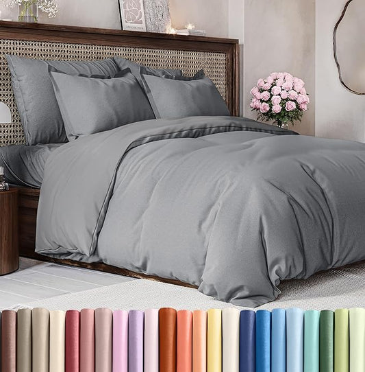 CGK Unlimited Duvet Cover Full Size Set - Extra Soft Full Size Duvet Cover 80 x 90 with 2 Pillow Shams - Hotel Quality w/Zipper Closures & Ties - Bedding and Bed Linens Set (Heathered Grey)