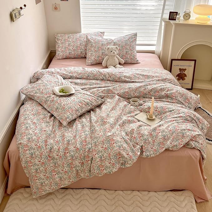 Boho Floral Duvet Cover Twin Soft Cotton Aesthetic Floral Bedding Sets French Style Pink Blue Flower Branches Duvet Cover Chic Shabby Garden Floral Comforter Cover Botanical Twin Size Bedding Sets