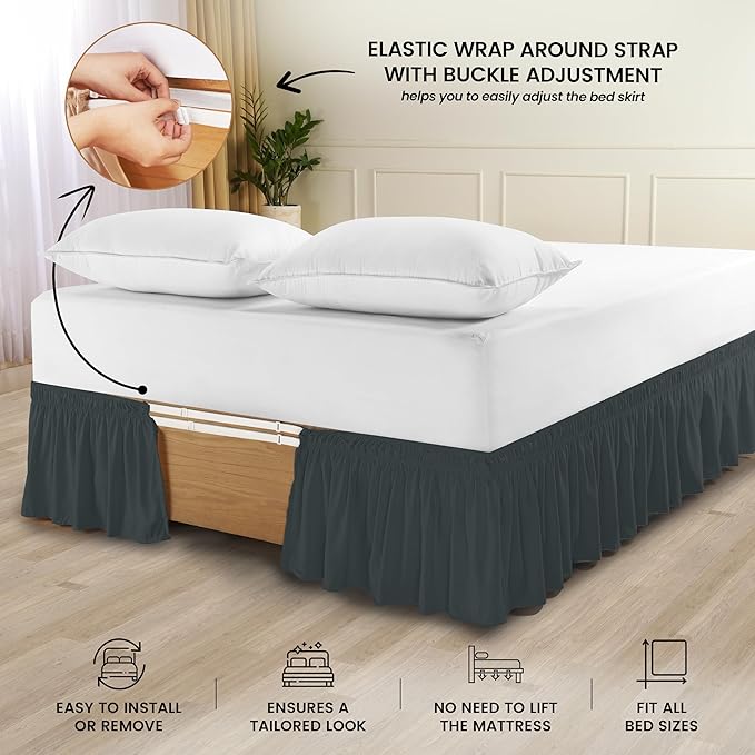 Utopia Bedding King Elastic Bed Ruffle - Easy Wrap Around Ruffle - Microfiber Bed Skirt with Adjustable Elastic Belt 16 Inch Tailored Drop - Hotel Quality Bedskirt, Fade Resistant (King, Grey)