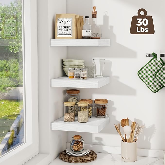 Fun Memories 12 Inch Square Floating Shelves 3 Pack - Wall Shelves with Invisible Brackets, Small Floating Shelves for Wall, White Wood Shelves for Bathroom, Living Room, Bedroom, and Kitchen Decor