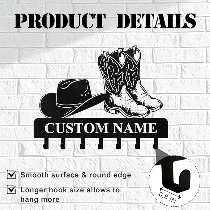Personalized Cowboy Coat Hooks, Cowboy Boots and Hat Key Holder for Wall, Clothes Cowboy Hat Rack and Backpack Hanger, Western Wall Decor, Metal Key Rack Organizer for Storage Hallway Office Color04