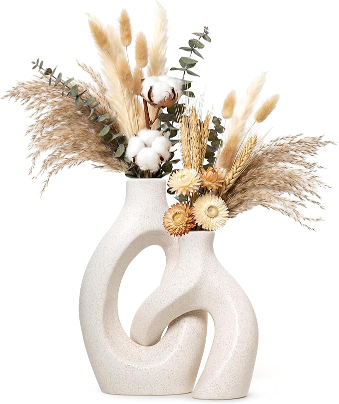 White Ceramic Vase Set of 2, Hollow Oval Flower Vases for Decor, Handmade Nordic Minimalist Ceramic Vase for Pampas Grass, Living Room, Farmhouse & Boho Home Decor, Housewarming Gifts