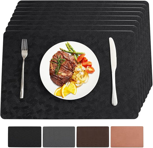 Vinyl Placemats Set of 8 Heat Resistant Easy Clean Non-Slip Place Mats for Dining Table Faux Leather Waterproof Stain Resistant Wipeable Washable PVC Table Mats(8, Black)