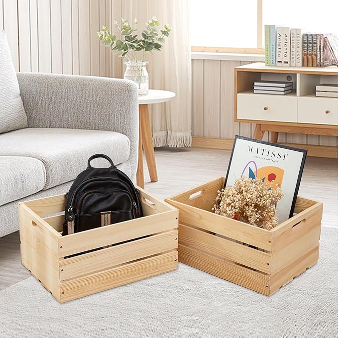 3 Pieces Large Pine Wood Crates For Storage, Unfinished Natural Wooden Crates, 17" x 13" x 8.9" Each, Holds Up to 50 Pounds