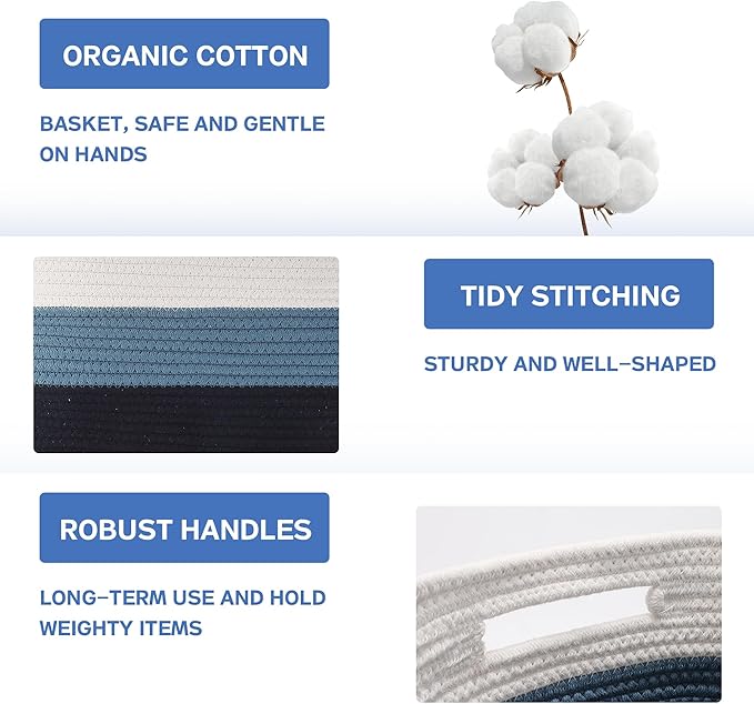 4 Pack Woven Storage Baskets for Organizing - Cotton Rope Baskets for Closet, Toys, Books, Towels, Durable Storage Bins for Shelves, Living Room, Bedroom, 12.7''Lx9''Wx7.8''H (Blue, 12.7")