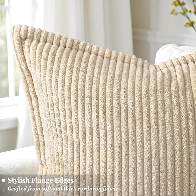 decorUhome Spring Corduroy Beige Throw Pillow Covers 18x18 Set of 2 Decorative Soft Boho Farmhouse Couch Pillow Covers for Living Room Bed Sofa Broadside Striped Pillow Cases