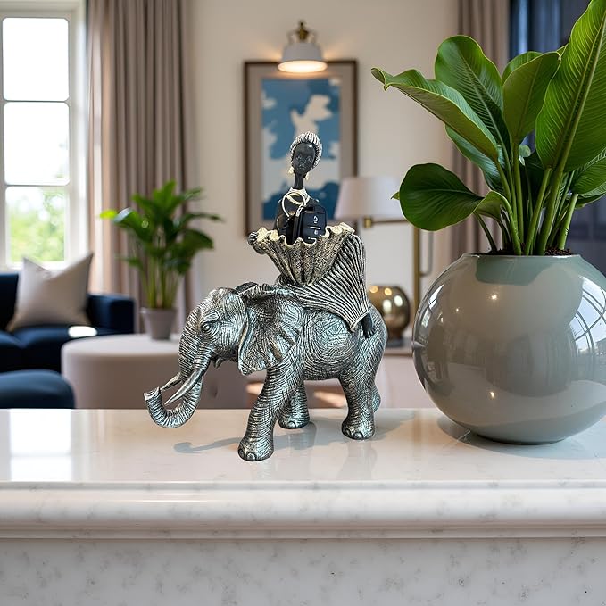 African Woman Riding Elephant Statue with Decorative Bowl, African Figurine Sculpture, Black and Gold Elephant Decor, Jewelry Tray Trinket Dish, Cultural Home Decor Gift
