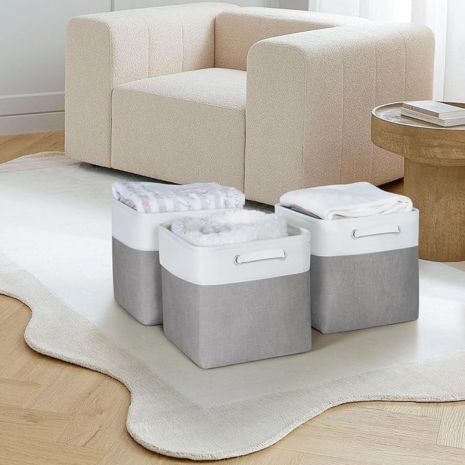 Kntiwiwo Cube Storage Bins 12 x 12 x 12 inch Storage Organizer Bins Storage Collapsible Basket with Dual Carry Handles for Home Closet Shelves Drawers, Set of 3, Grey