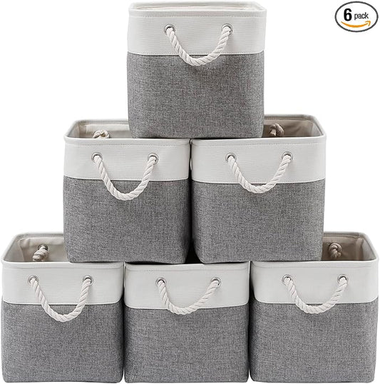 Fabric Storage Bins, 11 inch cube storage bins with Handles, 11x11cube storage organizer bins, Collapsible Storage Bins for Shelves and Home, Cubby Storage Cubes (white-gray, 10.5x10.5x11in)