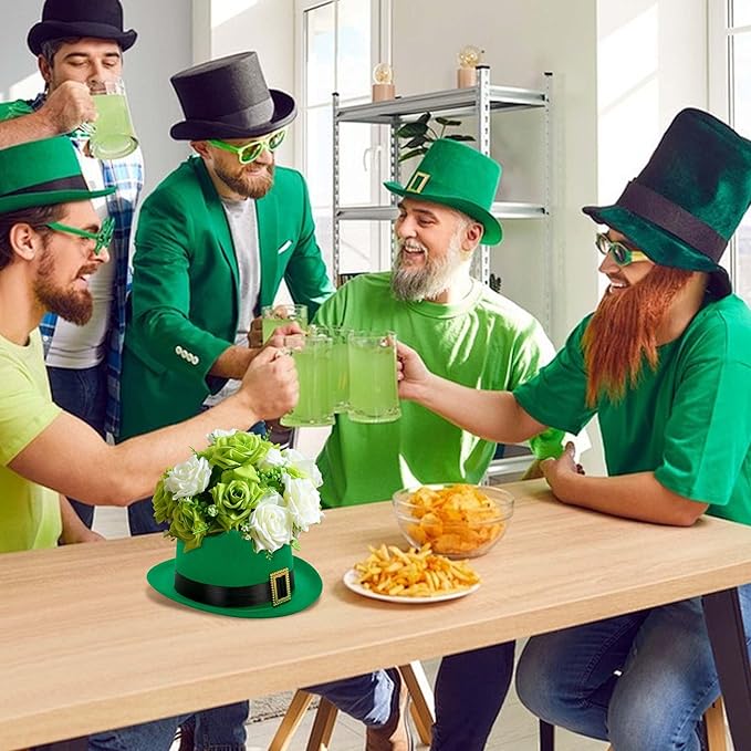 Watayo 2 Pack St. Patrick's Day Hat Flower Pot Set, Irish Green Top Hat Centerpiece with Flower Mud Box, DIY St. Patrick's Day Hat Plant Pots Flower Arrangement Container for Table Home Party Decor