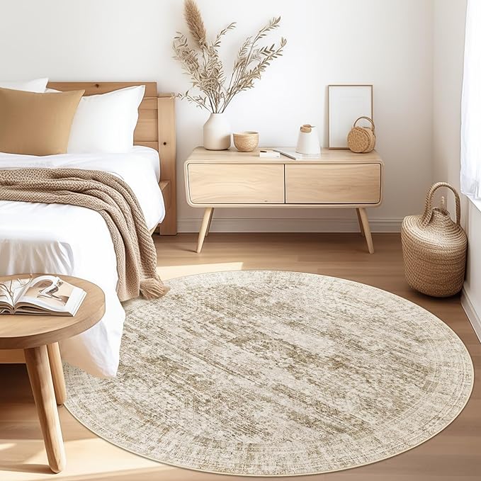 Soalmost 5x5 Brown Round Rug 5ft Living Room Circle Rug Vintage Round Area Rug Non Slip Indoor Carpet for Entryway Dining Room Bedroom