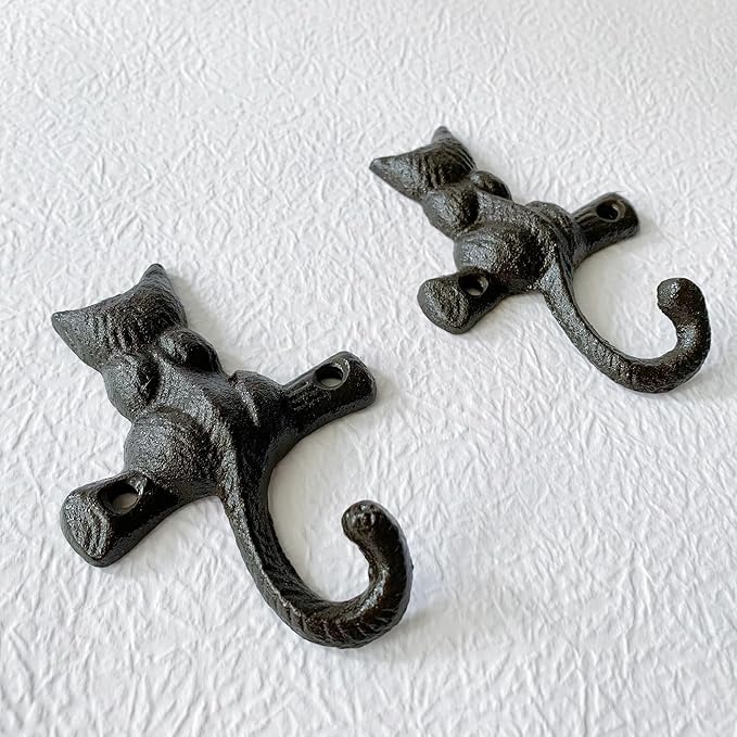 Rustic Cat-Shaped Decorative Wall Hook Rack Hangers for Hanging Clothes, Coats, Towels, Keys, and Hats, 2 Pack Antique Cast Iron Mounted Wall Hooks