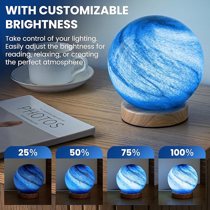 New Luxury Planet Night Light Glass Bedside with Wooden Base 3 Modes - Dimmable Swirl Planet Table Lamp for Bedroom Nightstand, Desk Lamp for Living Room, Office, Kids (Light Blue)