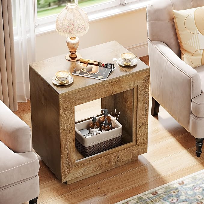 Tribesigns Rustic Wood End Table, 2 Tiered Square Side Table with Storage Shelf, Industrial Sofa Side Table for Living Room, Entrance (1, Wood)
