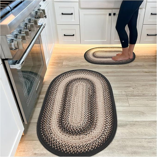 Black Mist Oval Braided Rugs 27"x45" - Black & Tan Kitchen Rugs Washable and Water Wicking, Ideal for Bathroom and Outdoor Entryways, Soft, Reversible and Easy to Maintain