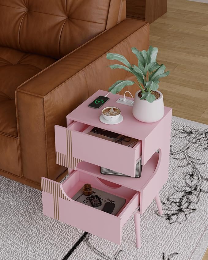 White Nightstand with Charging Station and LED Lights,Modern Bedside Table with 2 Storage Drawer,Night Stand with Solid Wood Legs,White (Pink)