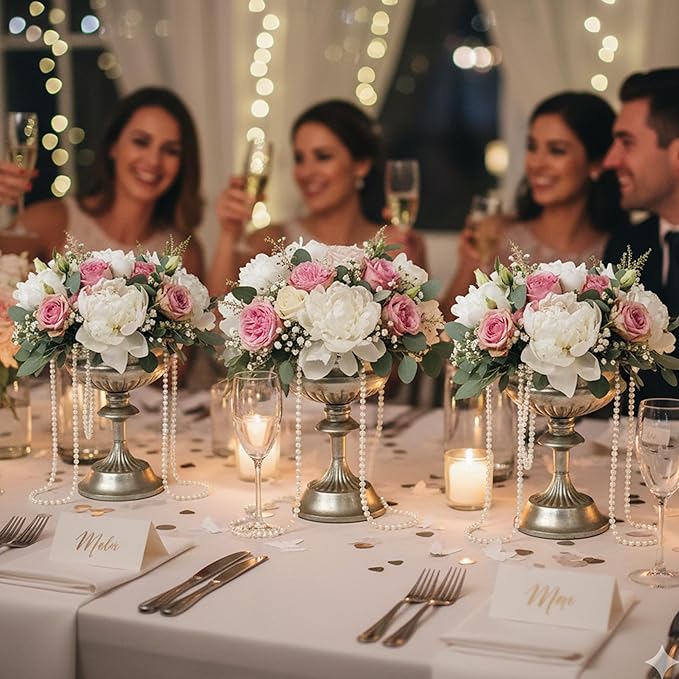 WORTH Small Urn Vases for Centerpieces Set of 2, Classic Metal Trumpet Flower Pots for Table, Bowl Vase for Wedding Party Event Home Deco (Silver, 7.8" Dia x 8.8" H)