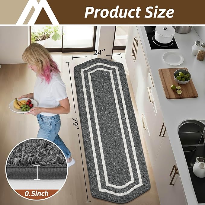 COSY HOMEER Long Kitchen Floor Mats for in Front of Sink Super Absorbent Kitchen Rugs and Mats 24"x79" Non-Skid Kitchen Mat Standing Mat Washable,Polypropylene,Dark Grey,Frame