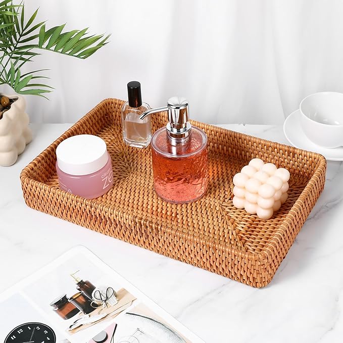 Wicker Storage Basket Rattan Tray Rectangular Wicker Basket Decorative Serving Tray Fruit Baskets Food Serving Holders Woven Baskets for Storage Home Kitchen Restaurant Decor