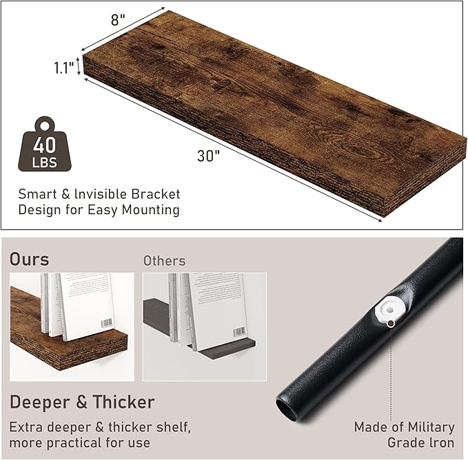 Floating Shelves for Wall - 2 Pack 30 Inch Long Rustic Wooden Display Shelves - 8 Inch Deep Wall Mounted Storage Shelf with Invisible Heavy-Duty Brackets for Books, Bathroom, Kitchen - Rustic Brown